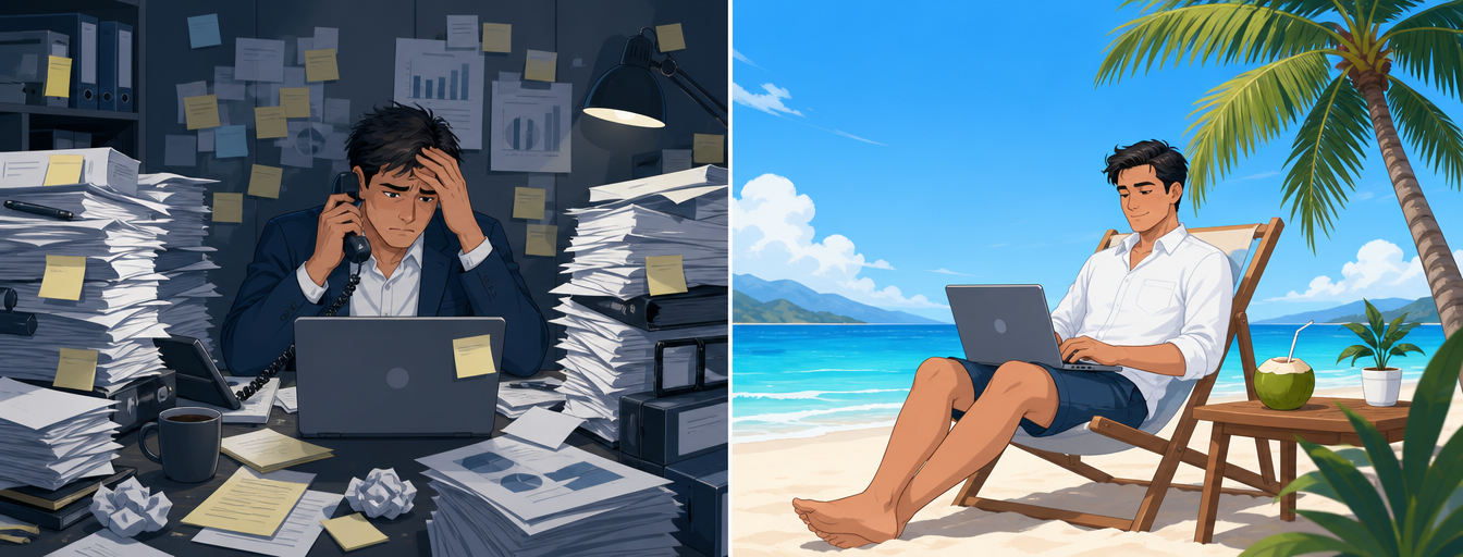 Before: stressed owner drowning in paperwork and calls. After: relaxed owner running the business from a beach chair.